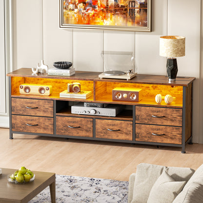 Tydimor Modern TV Stand for TVs up to 55", Media Console with 6 Drawers for Living Room, Entertainment Center with LED lights & Outlets, Rustic