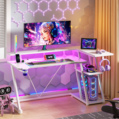 Satifur 55" Pro L-Shaped Gaming Desk White, RGB LED, Power Hub & Monitor Riser for Ultimate Setup
