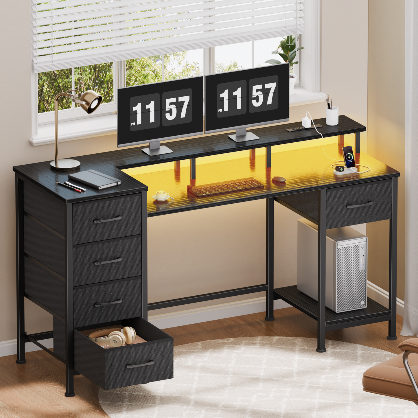 Satifur Gaming Desk with LED Lights & Power Outlets, 47" Computer Desk with 5 Fabric Drawers & Open Storage, Reversible Home Office Desk,Black