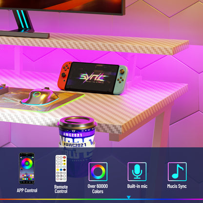 Satifur 47" Carbon Fiber Gaming Desk L-Shaped Computer Desk, RGB Lights & Power Outlets, White
