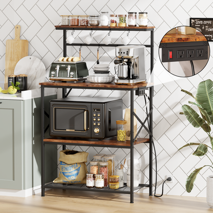 Tydimor Bakers Rack with Power Outlet, Kitchen Microwave Stand, 4-Tier Coffee Bar Table, Space-Saving Kitchen Storage Shelf, Rustic Brown