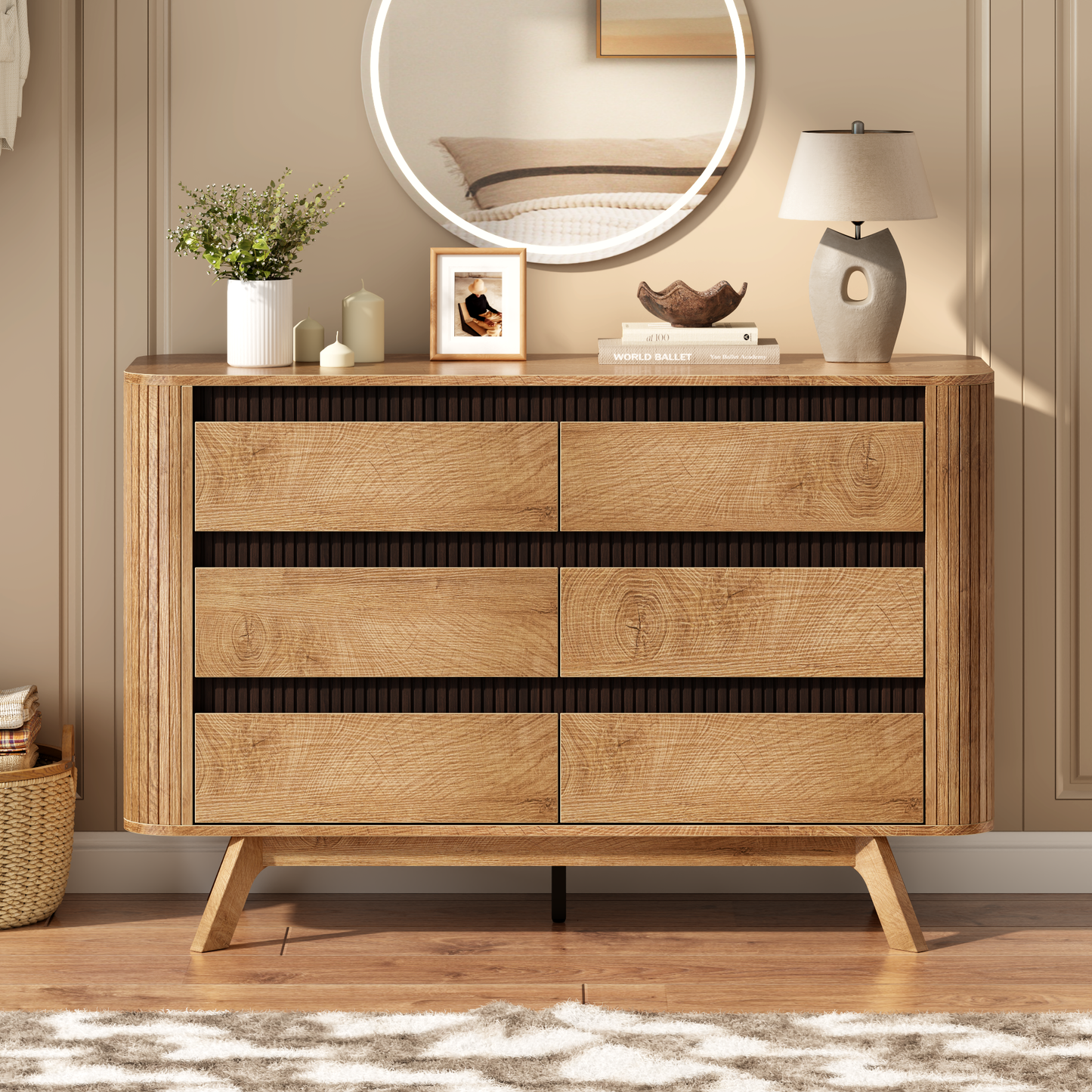 Satifur 6 Drawer Dresser, Wooden Wide Chest of Drawers for Bedroom, Living Room Storage Cabinet and TV Stand up to 45 Inch, Natural Oak