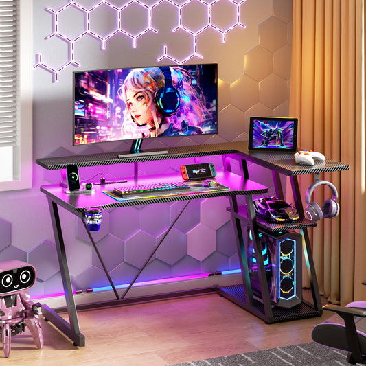 Satifur 47" Pro L-Shaped Gaming Desk Black, RGB LED, Power Hub & Monitor Riser for Ultimate Setup
