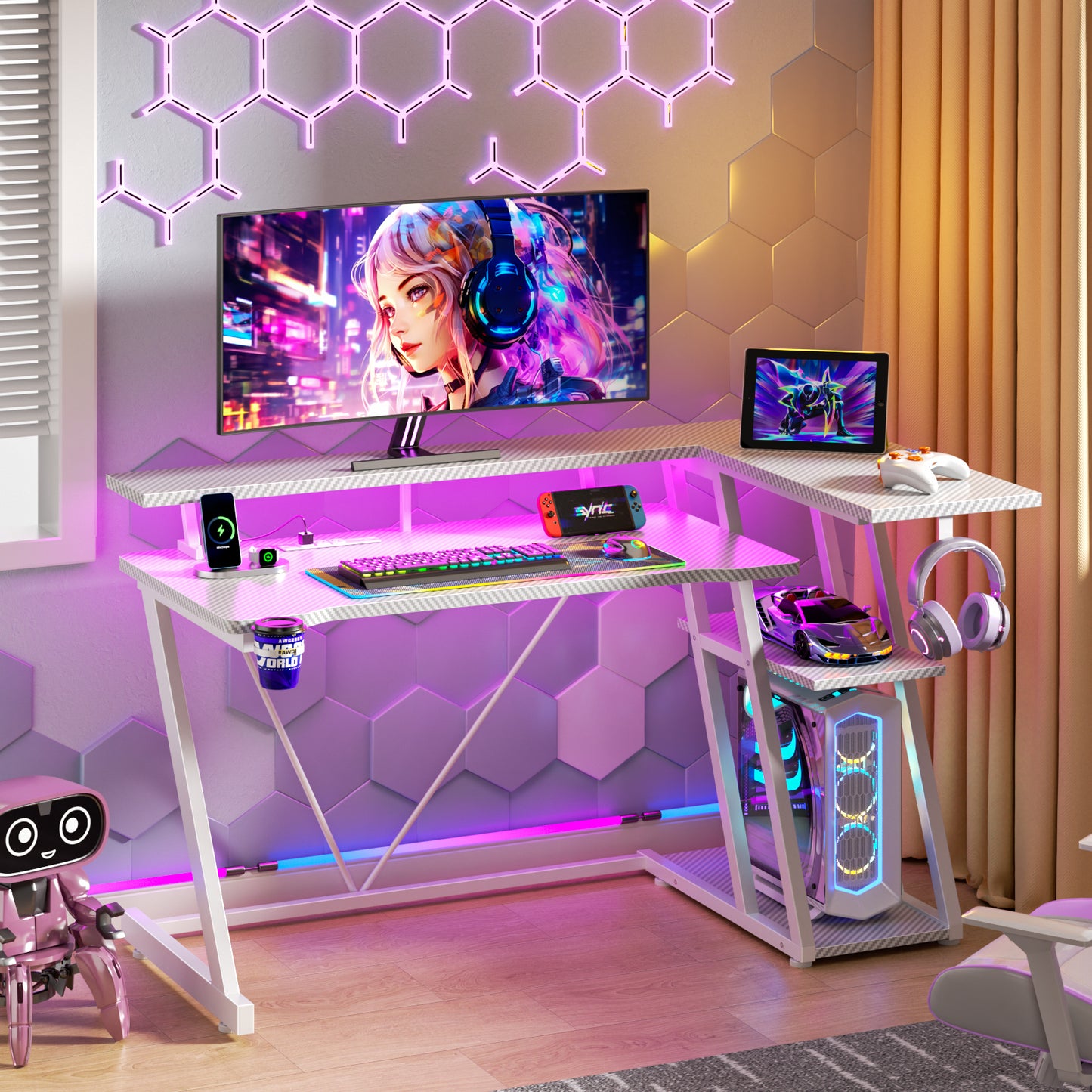Satifur 47" Pro L-Shaped Gaming Desk White, RGB LED, Power Hub & Monitor Riser for Ultimate Setup