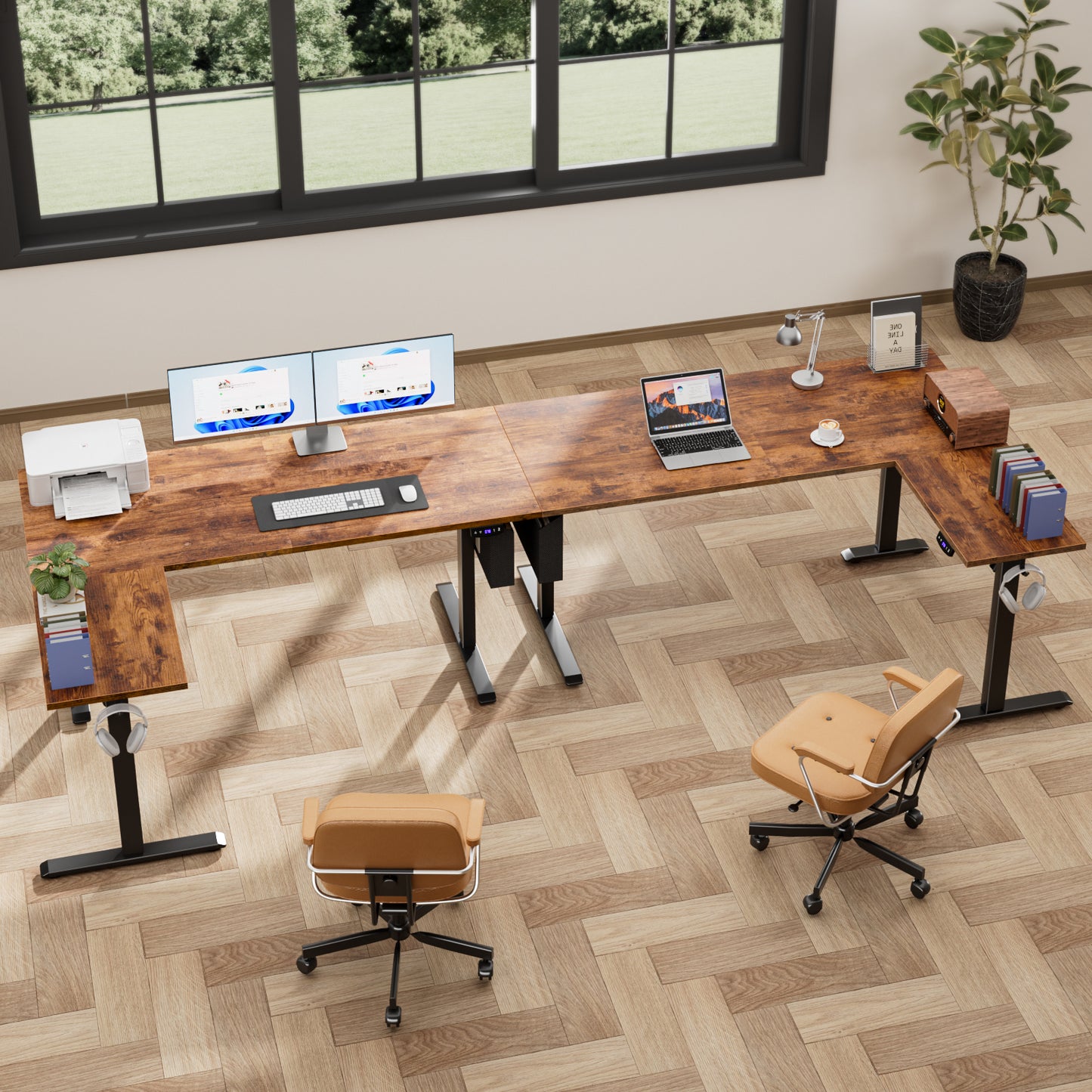 Satifur Electric Standing Desk 63" L-Shaped, Ergonomic Computer Desk with Memory Preset, Height Adjustable Sit Stand Desk with Hooks & Storage, Rustic