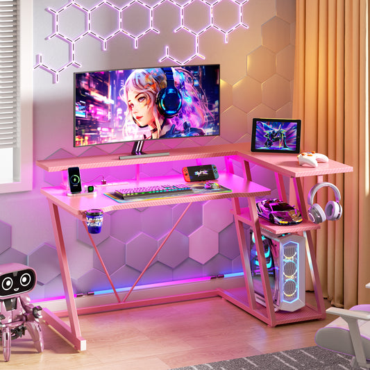 Satifur 47" Pro L-Shaped Gaming Desk Pink, RGB LED, Power Hub & Monitor Riser for Ultimate Setup