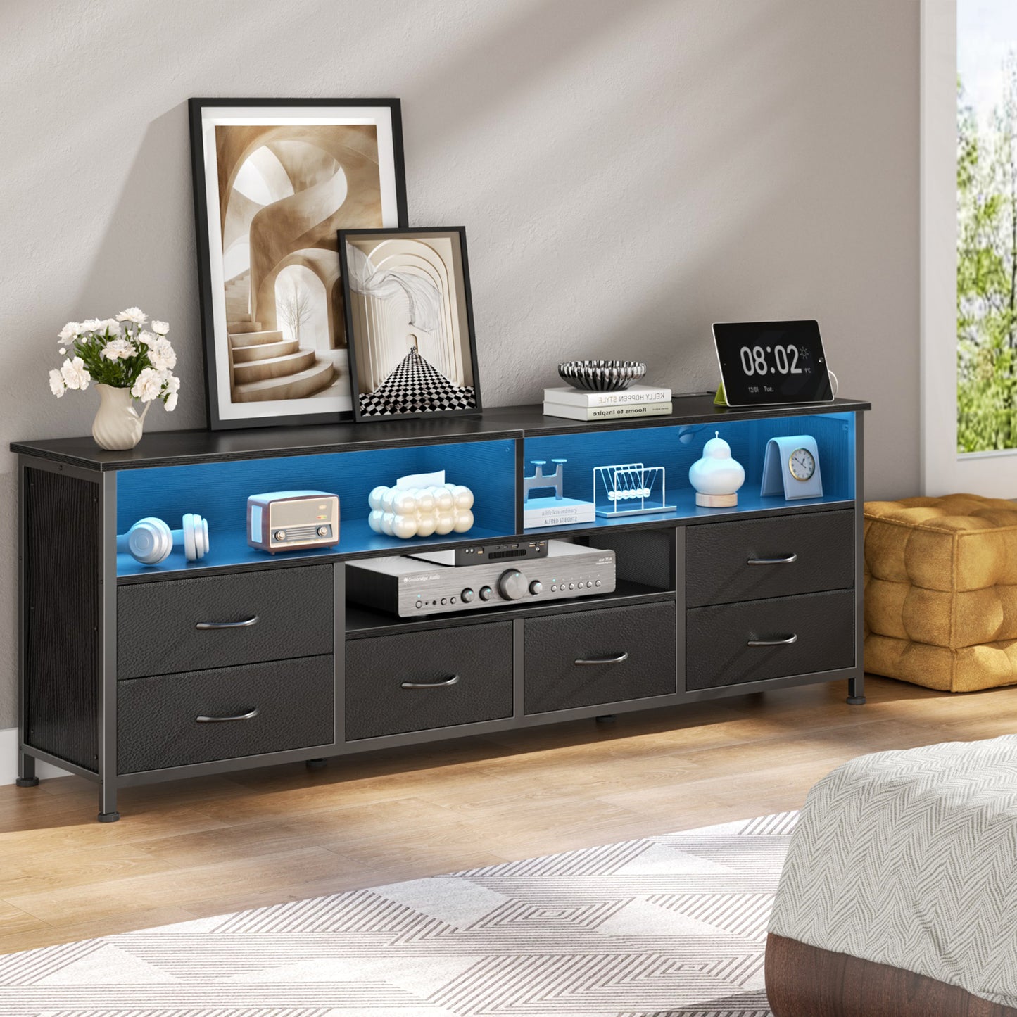 Tydimor Modern TV Stand for TVs up to 65", Media Console with 6 Drawers for Living Room, Entertainment Center with LED lights & Outlets, Black