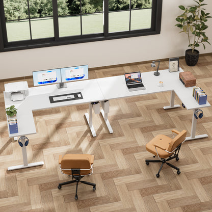 Satifur Electric Standing Desk 63" L-Shaped, Ergonomic Computer Desk with Memory Preset, Height Adjustable Sit Stand Desk with Hooks & Storage, White