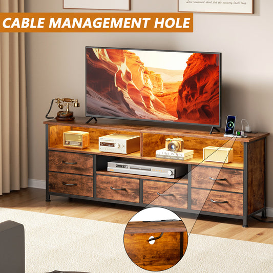 Tydimor Modern TV Stand for TVs up to 55", Media Console with 6 Drawers for Living Room, Entertainment Center with LED lights & Outlets, Rustic