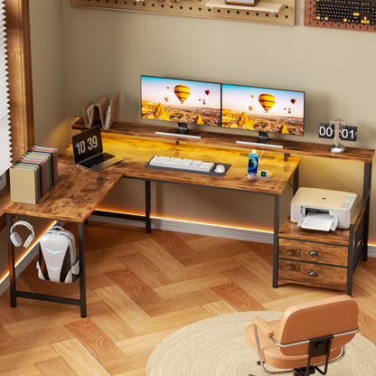 Satifur 66" L-Shaped Gaming Desk with LED Lights & Power Outlets, Computer Desk with Drawers & Printer Stand, Rustic Brown