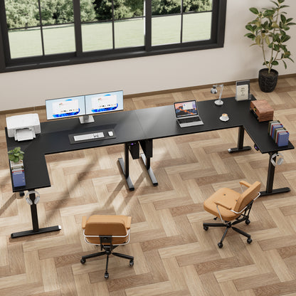 Satifur Electric Standing Desk 63" L-Shaped, Ergonomic Computer Desk with Memory Preset, Height Adjustable Sit Stand Desk with Hooks & Storage, Black