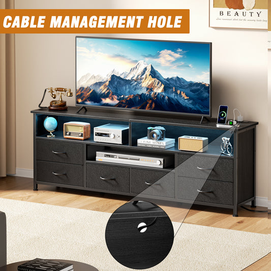 Tydimor Modern TV Stand for TVs up to 55", Media Console with 6 Drawers for Living Room, Entertainment Center with LED lights and Power Outlets, Black