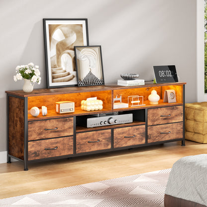 Tydimor Modern TV Stand for TVs up to 65", Media Console with 6 Drawers for Living Room, Entertainment Center with LED lights & Outlets, Rustic