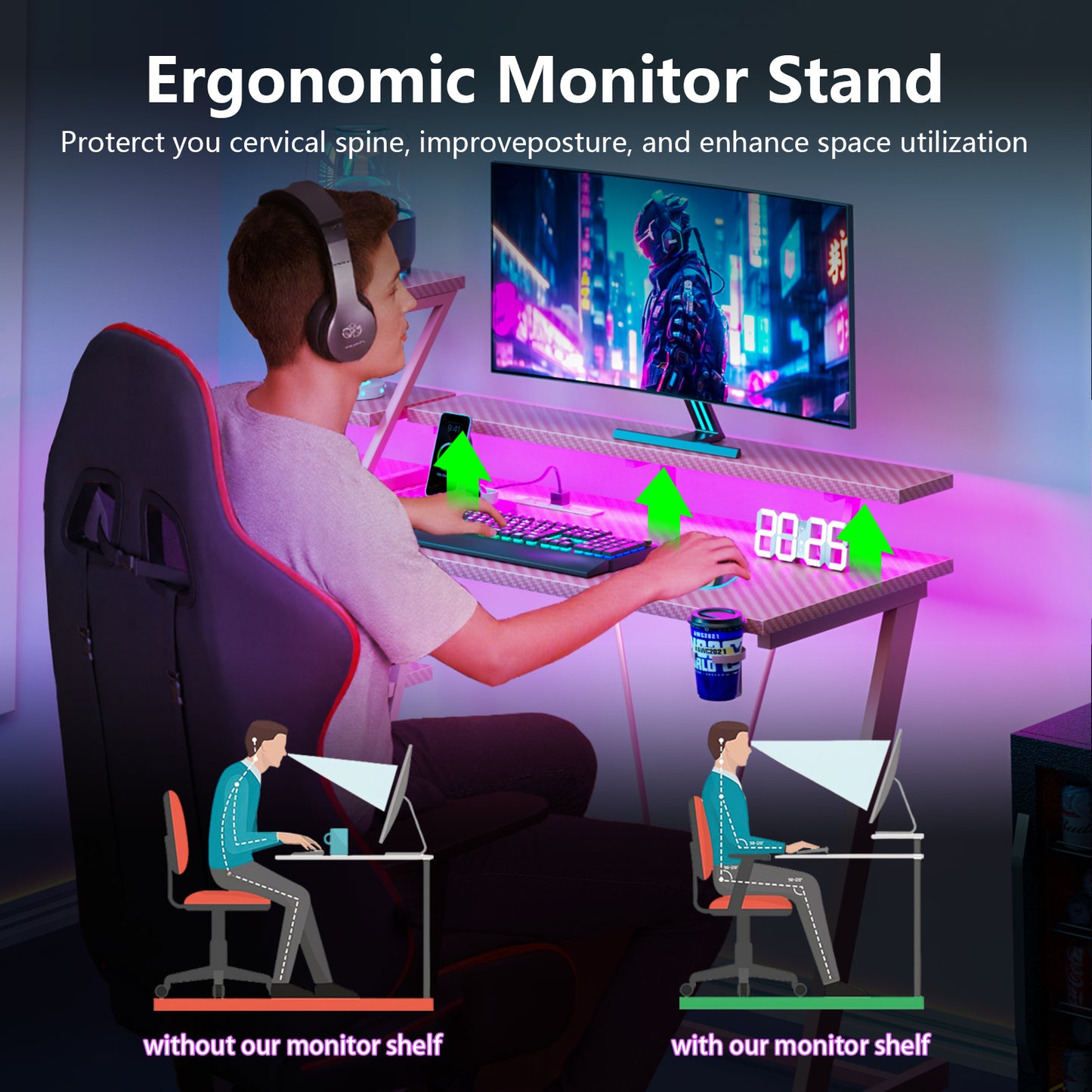 Satifur 39" Carbon Fiber Gaming Desk L-Shaped Computer Desk, RGB Lights & Power Outlets, Pink