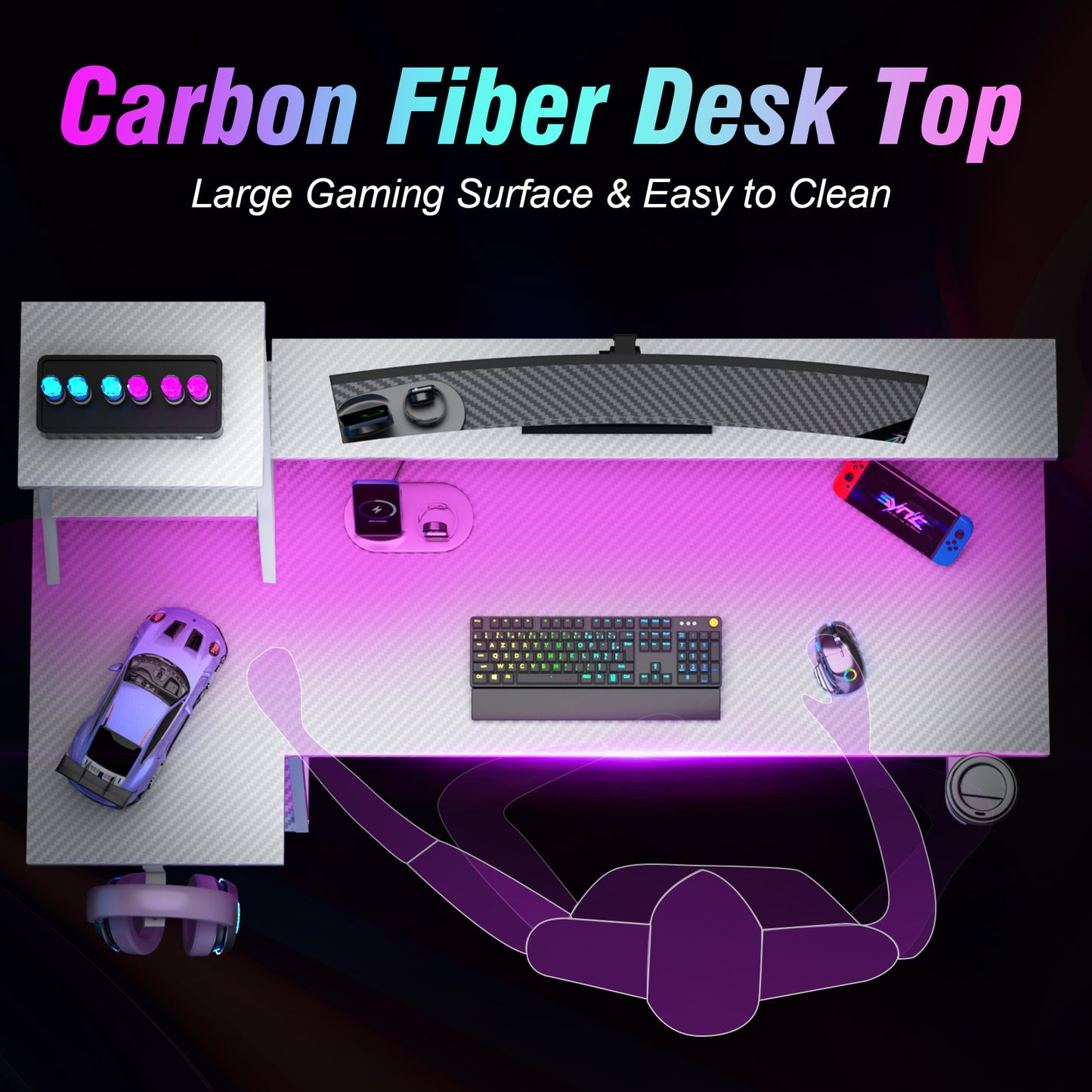 Satifur 39" Carbon Fiber Gaming Desk L-Shaped Computer Desk, RGB Lights & Power Outlets, White