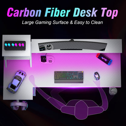 Satifur 39" Carbon Fiber Gaming Desk L-Shaped Computer Desk, RGB Lights & Power Outlets, White