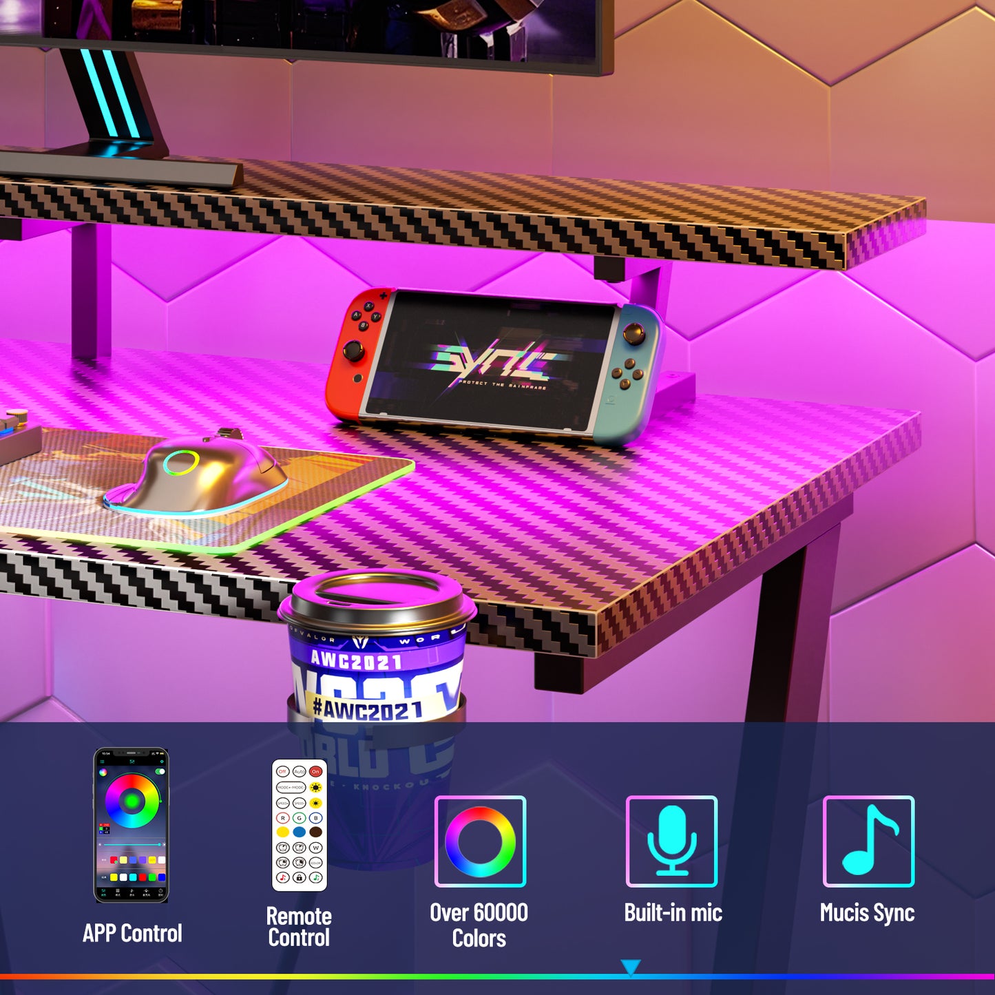 Satifur 55" Carbon Fiber Gaming Desk L-Shaped Computer Desk, RGB Lights & Power Outlets, Black