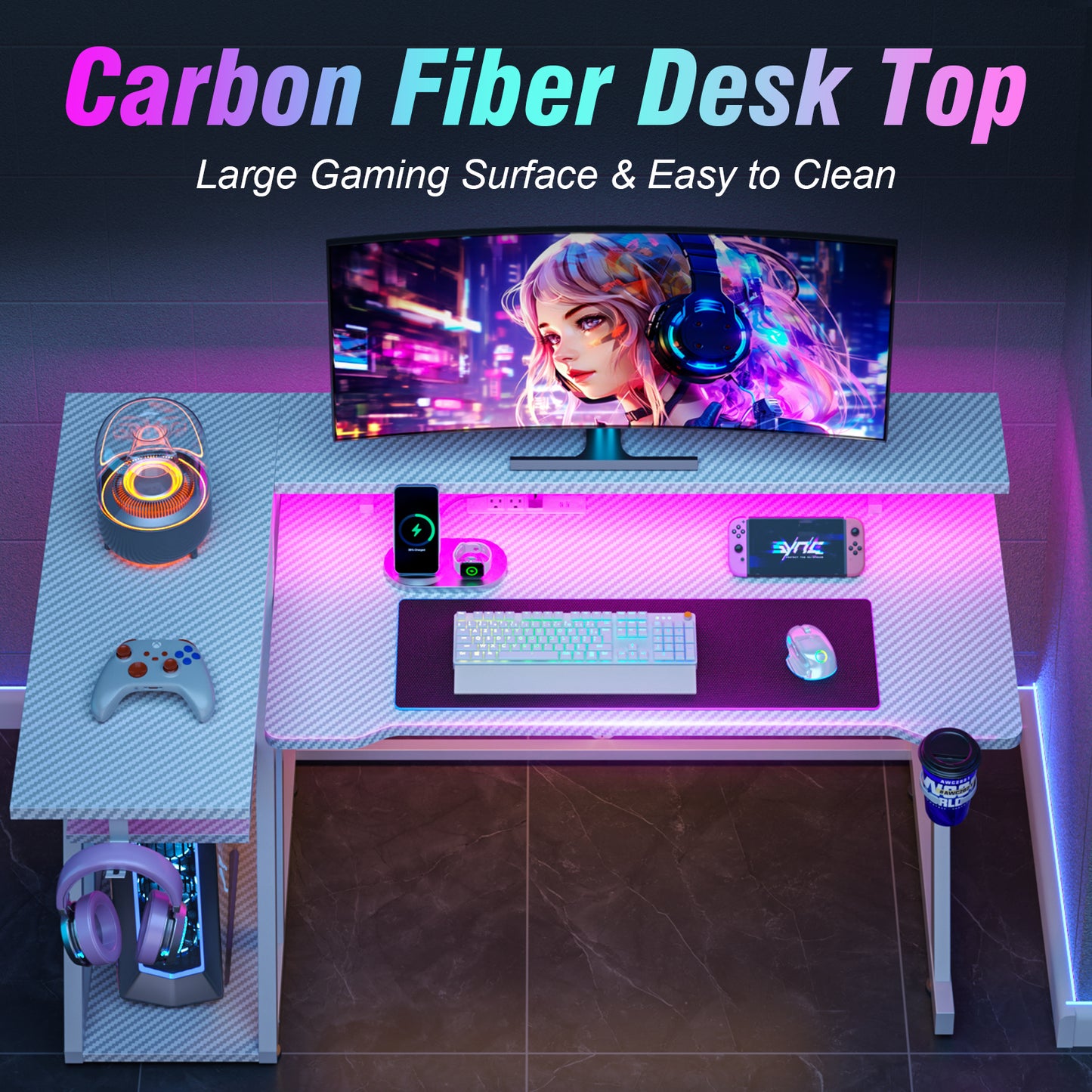 Satifur 39" Pro L-Shaped Gaming Desk White, RGB LED, Power Hub & Monitor Riser for Ultimate Setup