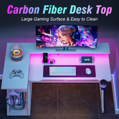 Satifur 39" Pro L-Shaped Gaming Desk White, RGB LED, Power Hub & Monitor Riser for Ultimate Setup
