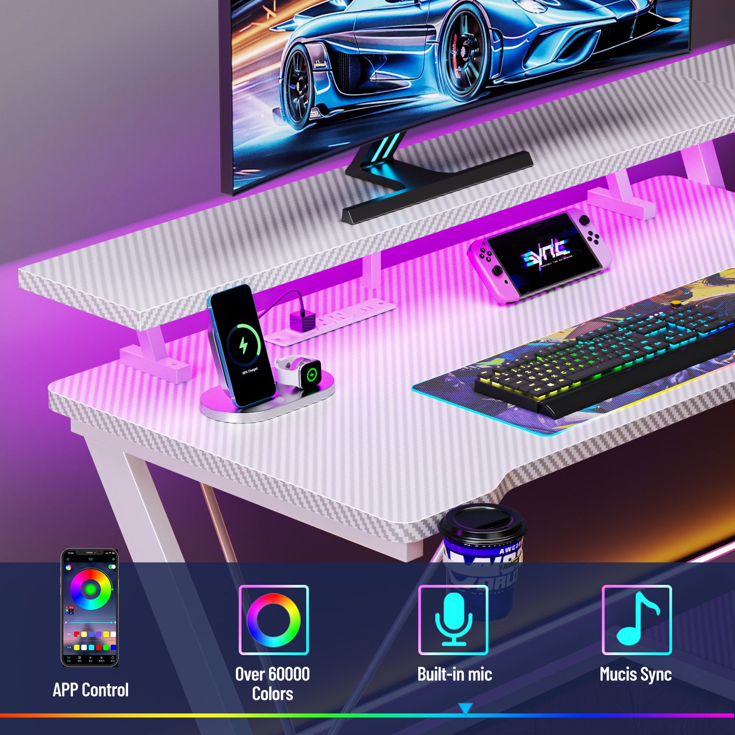 Satifur 39" Pro L-Shaped Gaming Desk White, RGB LED, Power Hub & Monitor Riser for Ultimate Setup