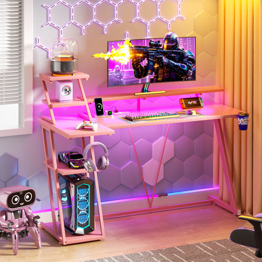 Satifur 55" Carbon Fiber Gaming Desk L-Shaped Computer Desk, RGB Lights & Power Outlets, Pink