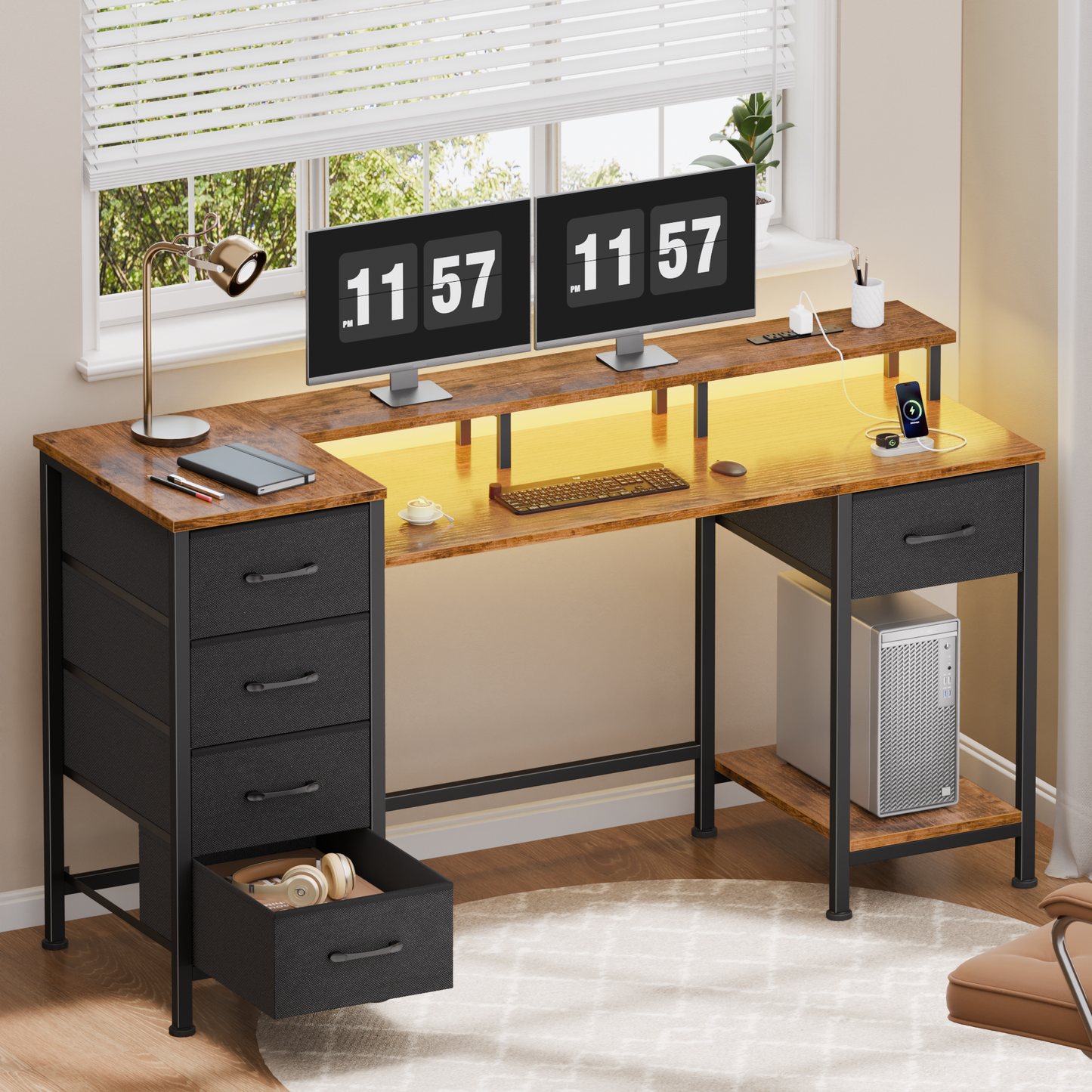 Satifur Gaming Desk with LED Lights & Power Outlets, 47" Computer Desk with 5 Fabric Drawers & Open Storage, Reversible Home Office Desk,Retro Brown