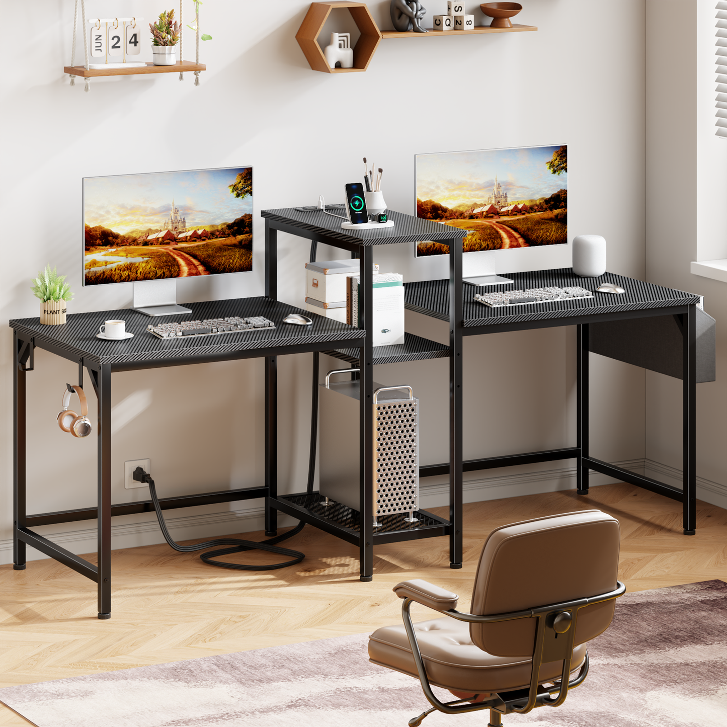 Satifur 71 Inch 2 Person Gaming Desk with Charging Station Home Office Computer Writing Desks with Storage Shelves,Black