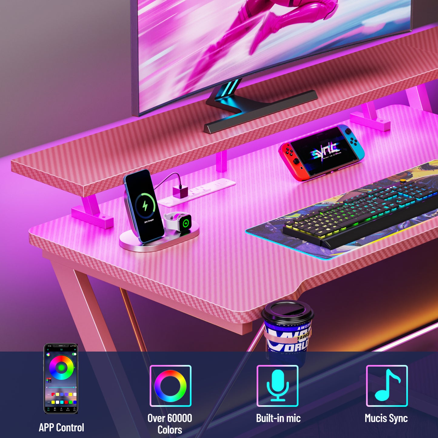 Satifur 55" Pro L-Shaped Gaming Desk Pink, RGB LED, Power Hub & Monitor Riser for Ultimate Setup