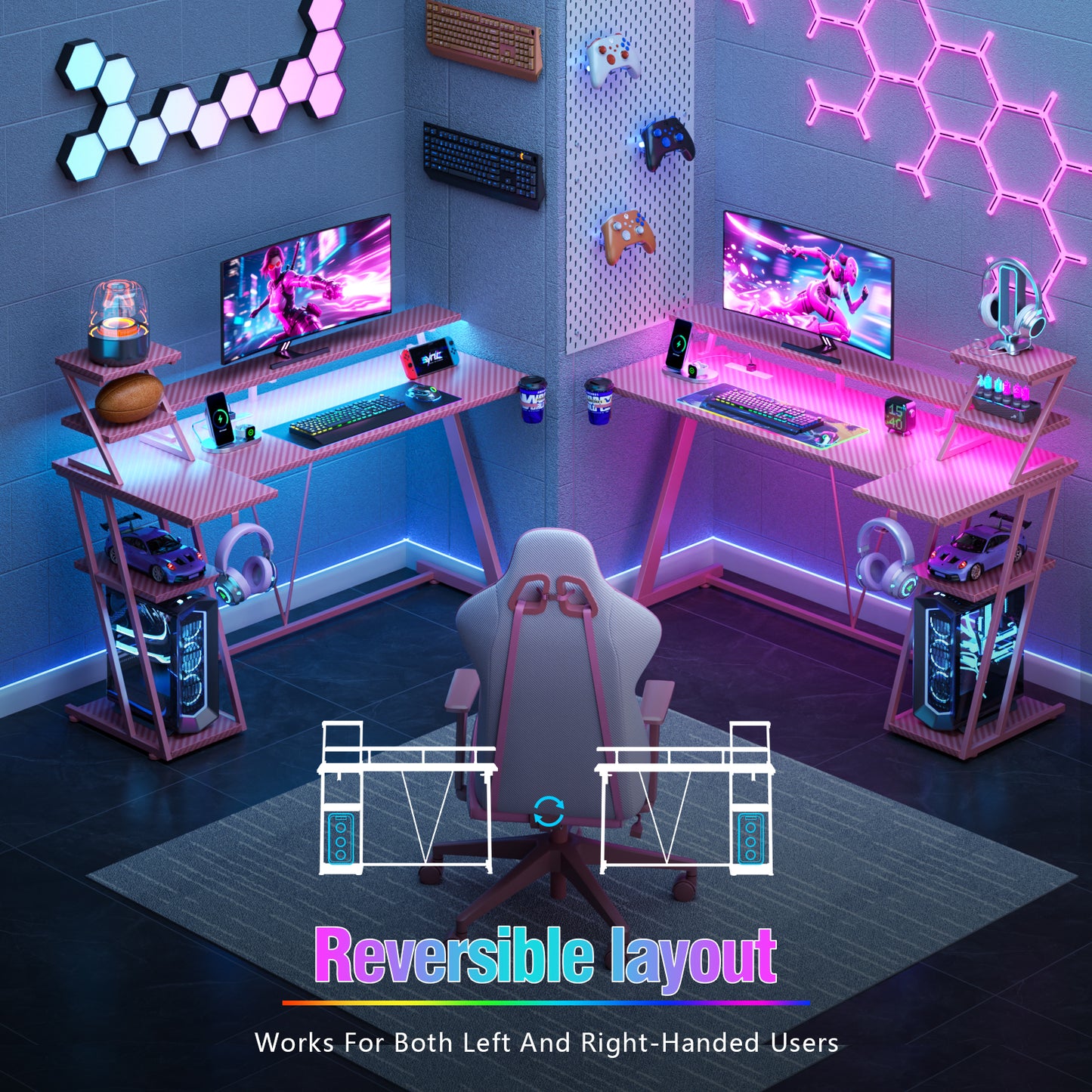 Satifur 55" Carbon Fiber Gaming Desk L-Shaped Computer Desk, RGB Lights & Power Outlets, Pink