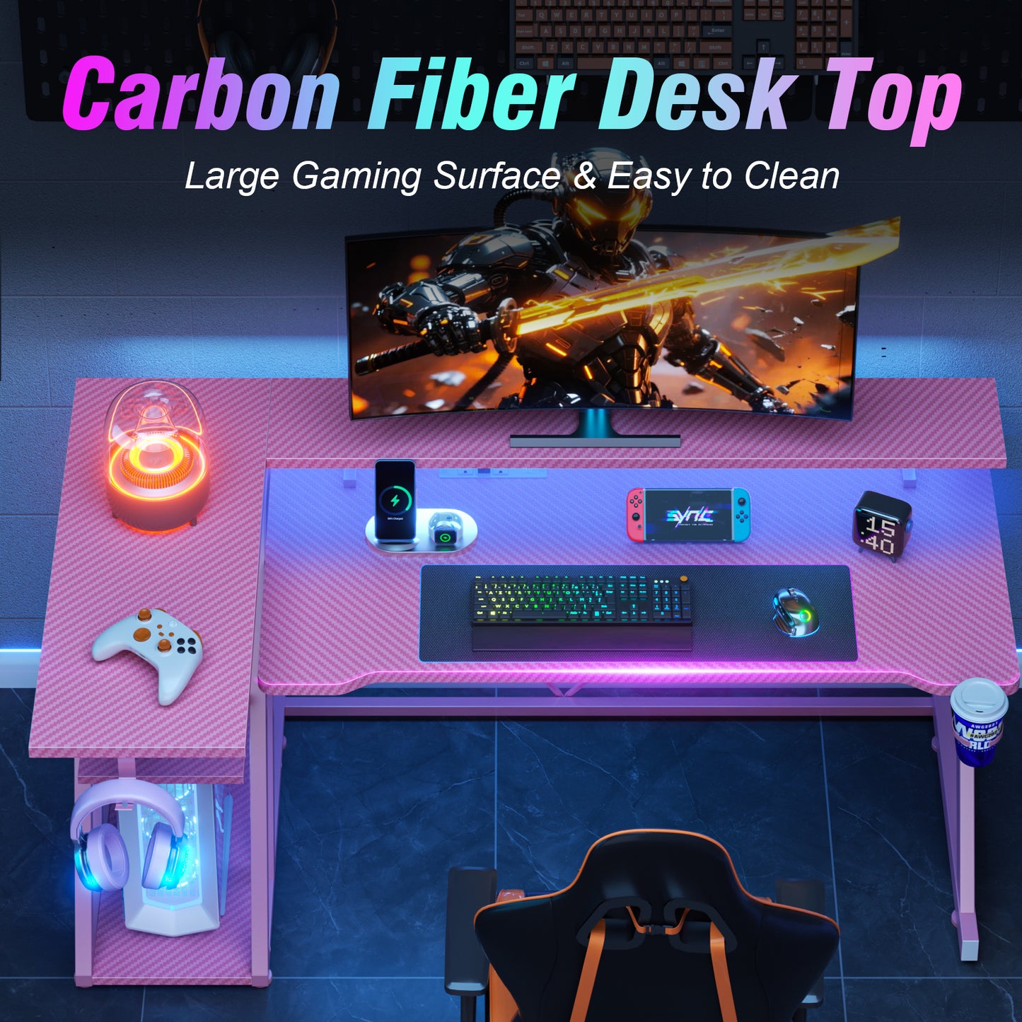 Satifur 55" Pro L-Shaped Gaming Desk Pink, RGB LED, Power Hub & Monitor Riser for Ultimate Setup