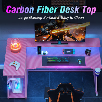 Satifur 55" Pro L-Shaped Gaming Desk Pink, RGB LED, Power Hub & Monitor Riser for Ultimate Setup