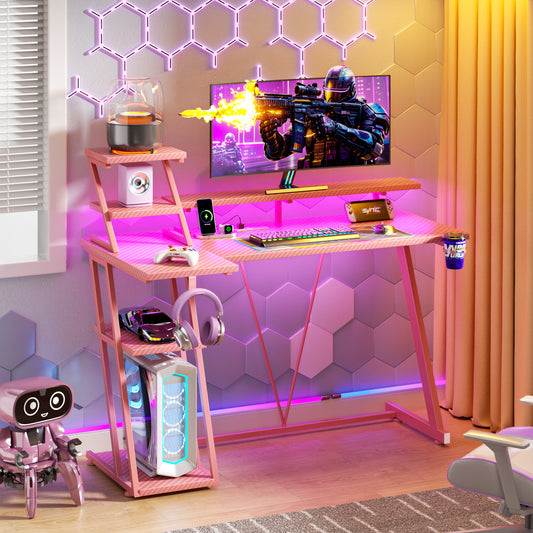 Satifur 39" Carbon Fiber Gaming Desk L-Shaped Computer Desk, RGB Lights & Power Outlets, Pink