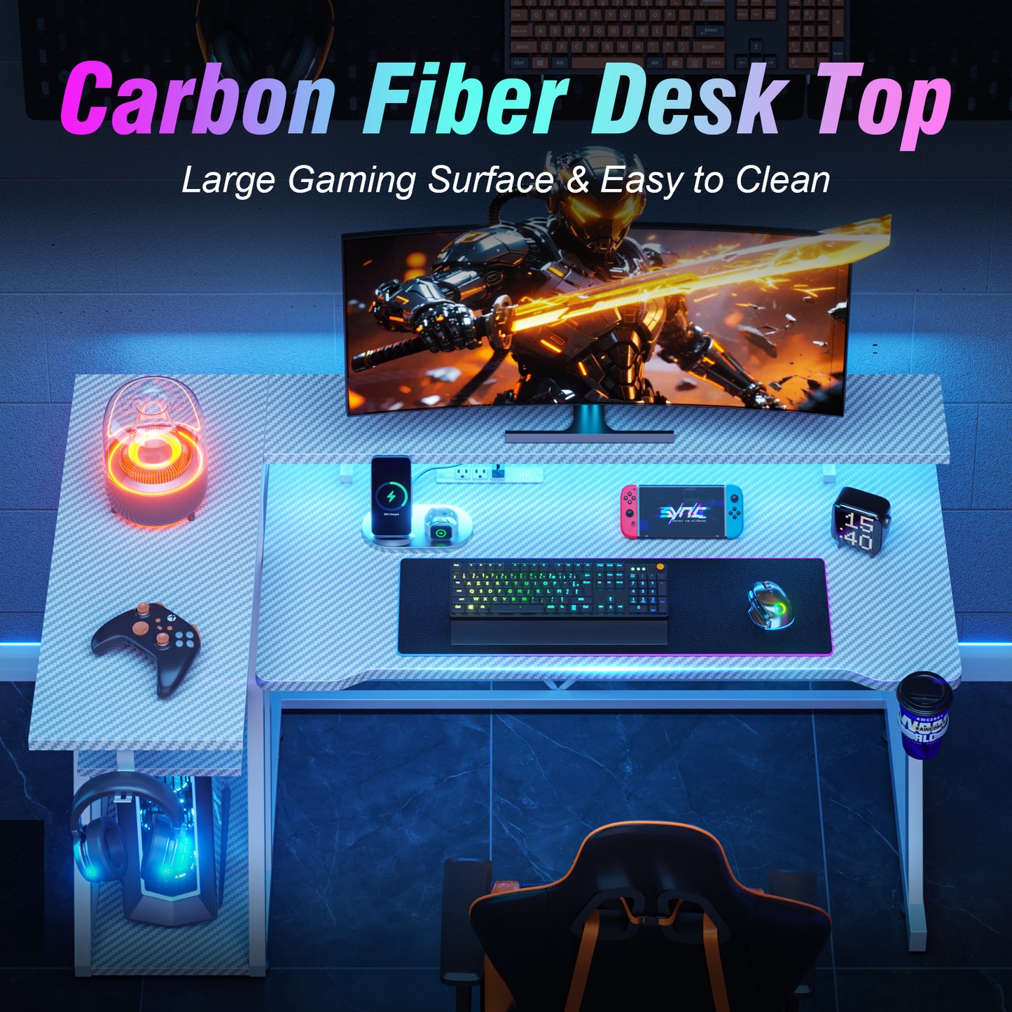 Satifur 47" Pro L-Shaped Gaming Desk White, RGB LED, Power Hub & Monitor Riser for Ultimate Setup