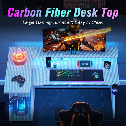 Satifur 47" Pro L-Shaped Gaming Desk White, RGB LED, Power Hub & Monitor Riser for Ultimate Setup