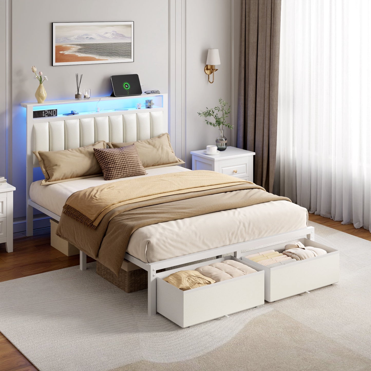 Satifur Queen Bed Frame with 2 Drawers & Storage Headboard, Platform Metal Bed with 2 USB Ports and Outlets, No Box Spring Needed