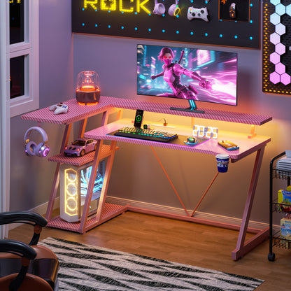 Satifur 55" Pro L-Shaped Gaming Desk Pink, RGB LED, Power Hub & Monitor Riser for Ultimate Setup