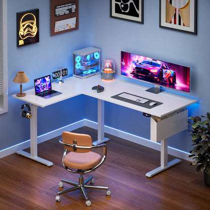Satifur Electric Standing Desk 63" L-Shaped, Ergonomic Computer Desk with Memory Preset, Height Adjustable Sit Stand Desk with Hooks & Storage, White