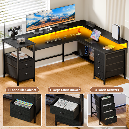 Sarifur L Shaped Computer Desk with Charging Station and LED Lights, 66 inch PC Table Study Desk 6 Drawers for Bedroom,Office Black