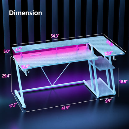 Satifur 55" Pro L-Shaped Gaming Desk White, RGB LED, Power Hub & Monitor Riser for Ultimate Setup