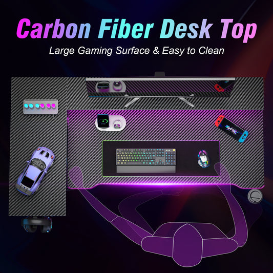 Satifur 47" Pro L-Shaped Gaming Desk Black, RGB LED, Power Hub & Monitor Riser for Ultimate Setup