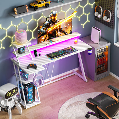 Satifur 55" Carbon Fiber Gaming Desk L-Shaped Computer Desk, RGB Lights & Power Outlets, White