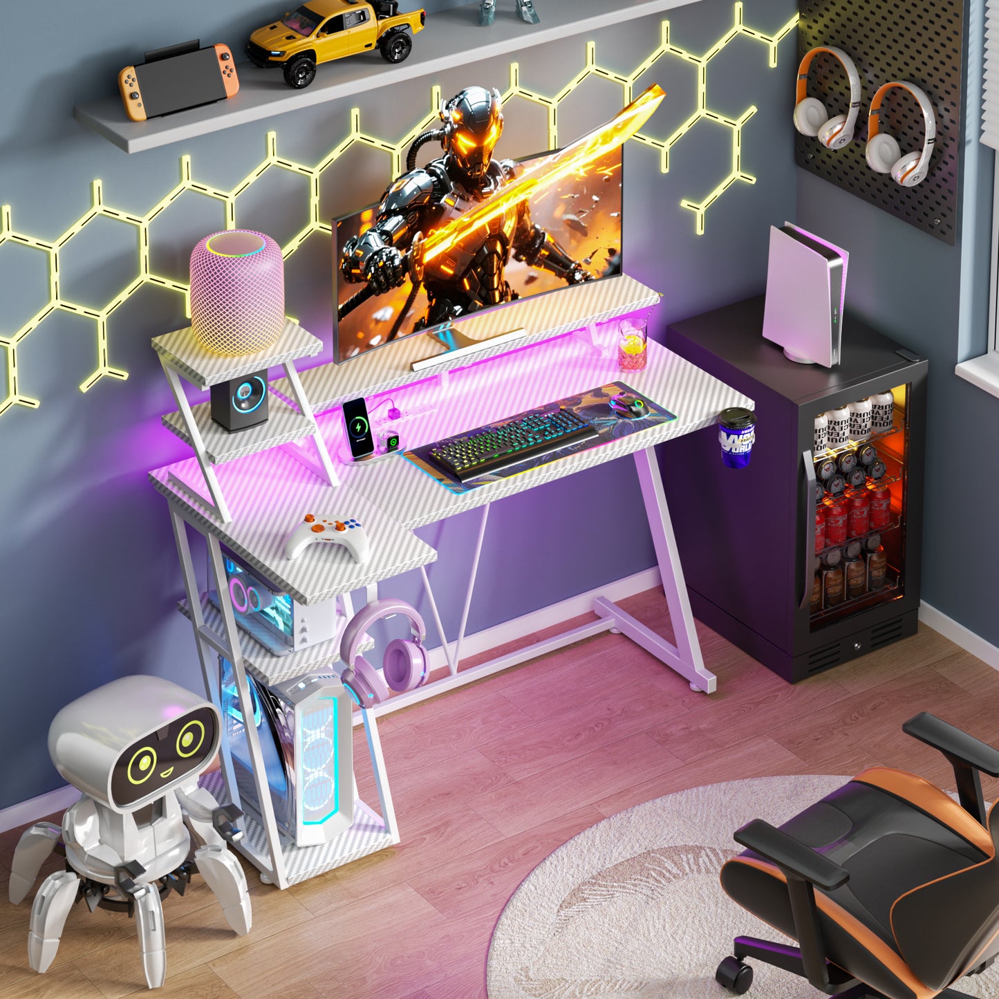 Satifur 39" Carbon Fiber Gaming Desk L-Shaped Computer Desk, RGB Lights & Power Outlets, White