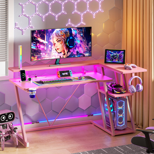 Satifur 55" Pro L-Shaped Gaming Desk Pink, RGB LED, Power Hub & Monitor Riser for Ultimate Setup