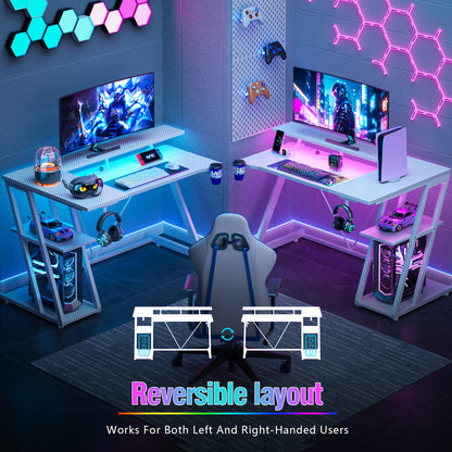 Satifur 39" Pro L-Shaped Gaming Desk White, RGB LED, Power Hub & Monitor Riser for Ultimate Setup