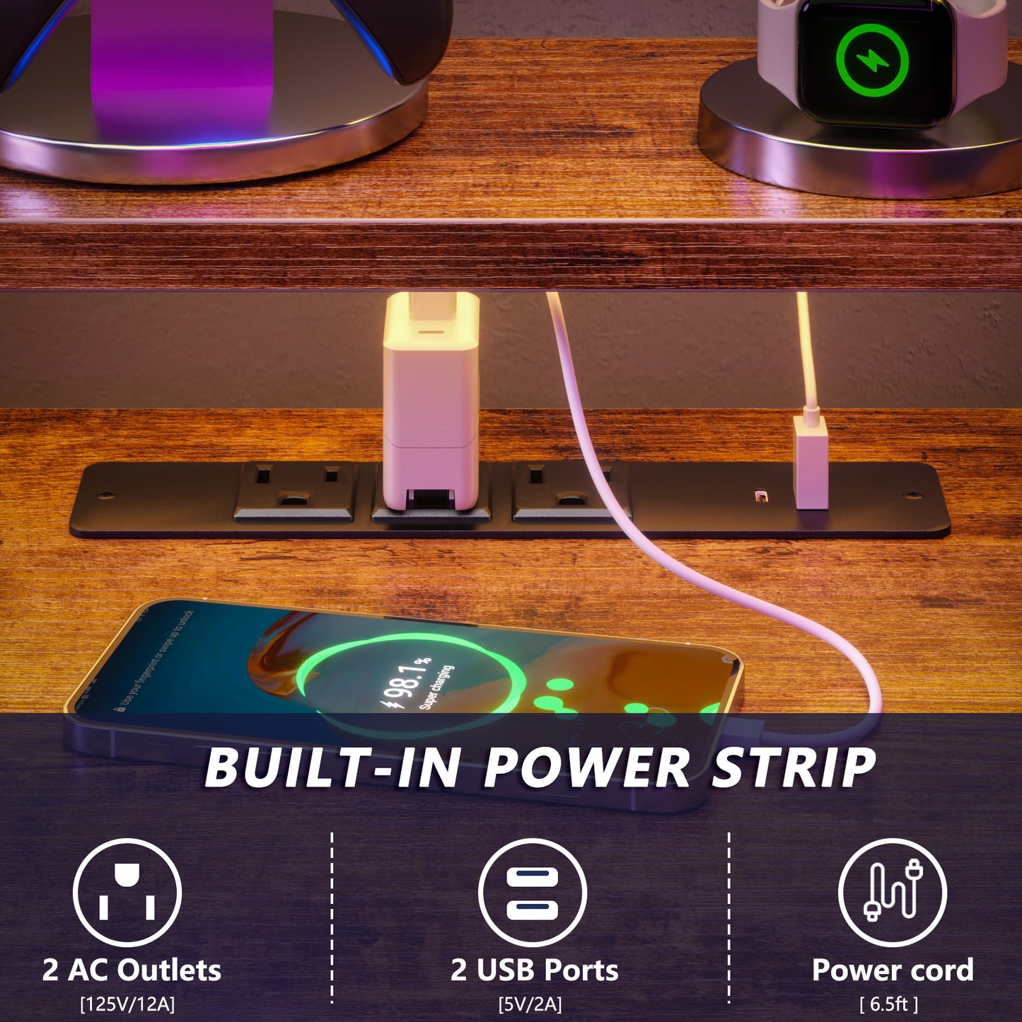 Satifur 66" L-Shaped Gaming Desk with LED Lights & Power Outlets, Computer Desk with Drawers & Printer Stand, Rustic Brown