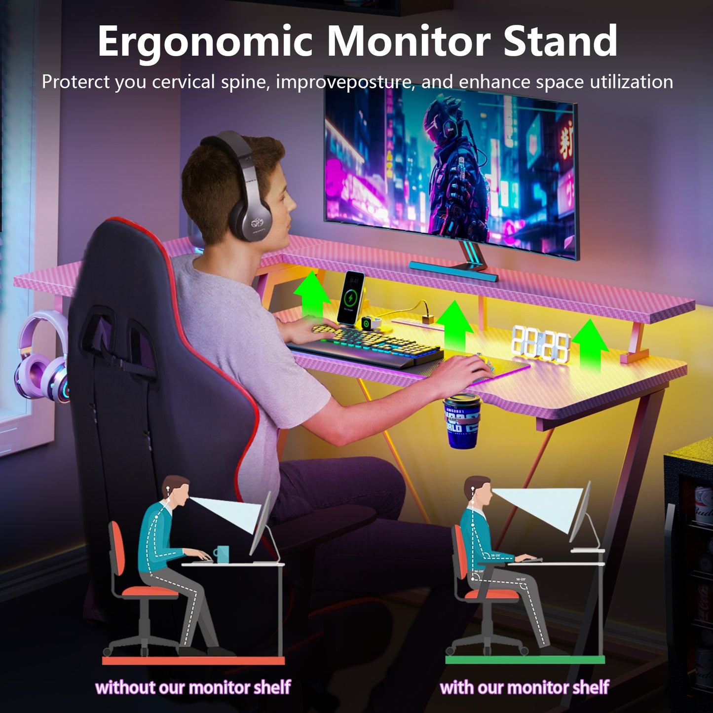 Satifur 55" Pro L-Shaped Gaming Desk Pink, RGB LED, Power Hub & Monitor Riser for Ultimate Setup
