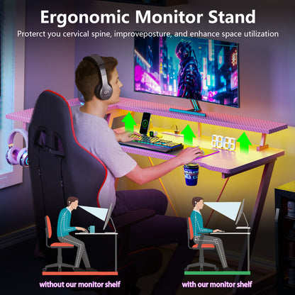 Satifur 55" Pro L-Shaped Gaming Desk Pink, RGB LED, Power Hub & Monitor Riser for Ultimate Setup