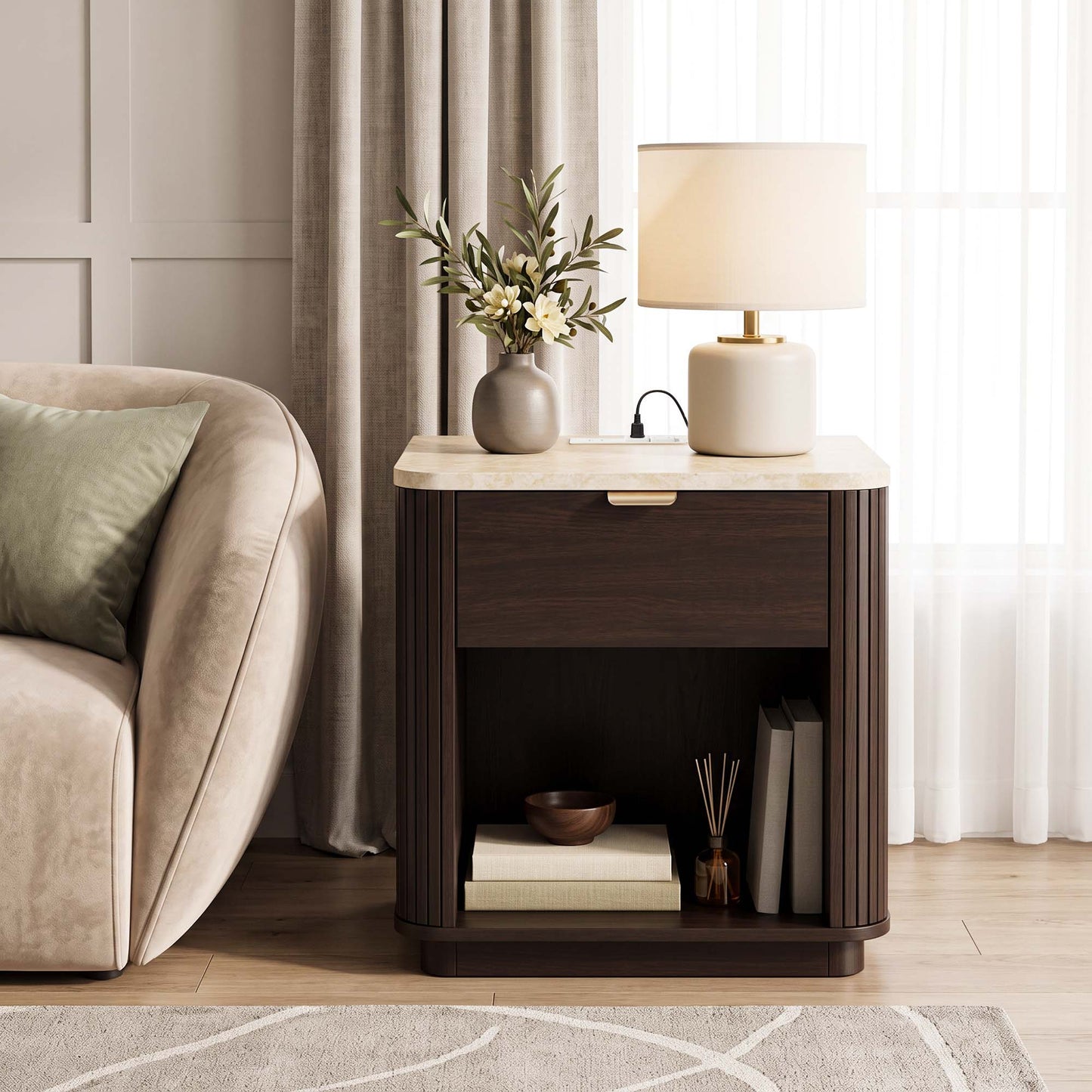 Satifur Wooden Nightstand with Charging Station, 1 Drawer Fluted Night Stand with Storage, Modern Bedside Table End Table for Bedroom Living Room, Walnut