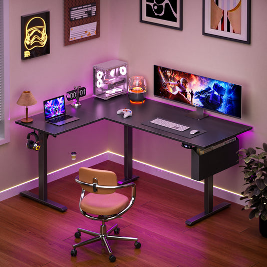 Satifur Electric Standing Desk 63" L-Shaped, Ergonomic Computer Desk with Memory Preset, Height Adjustable Sit Stand Desk with Hooks & Storage, Black