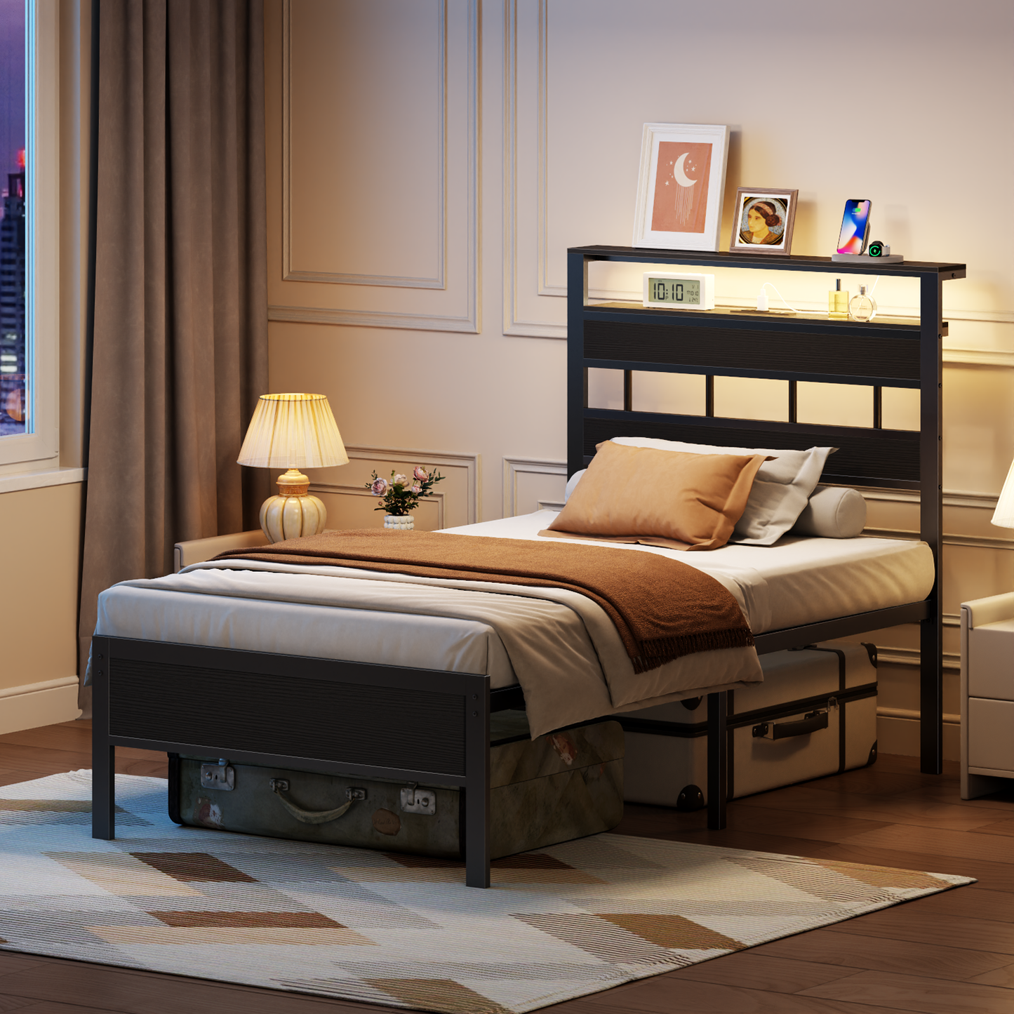 Satifur Twin Size Bed Frame with Storage Headboard and LED Light, Platform Bed with Metal Slats, Noise Free Design